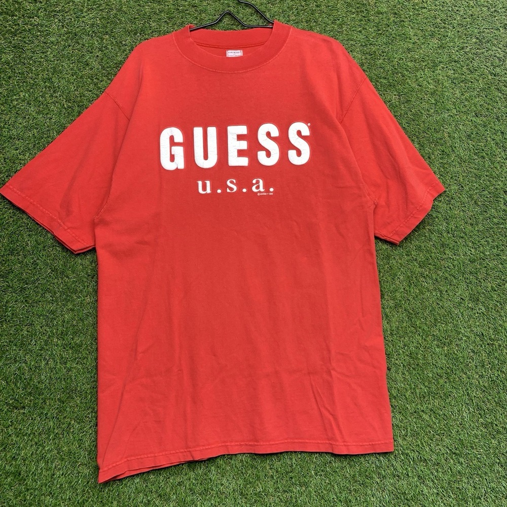 Vintage Guess Jeans Mens Large USA Western Spellout 90s GUESS Short Sleeve Red